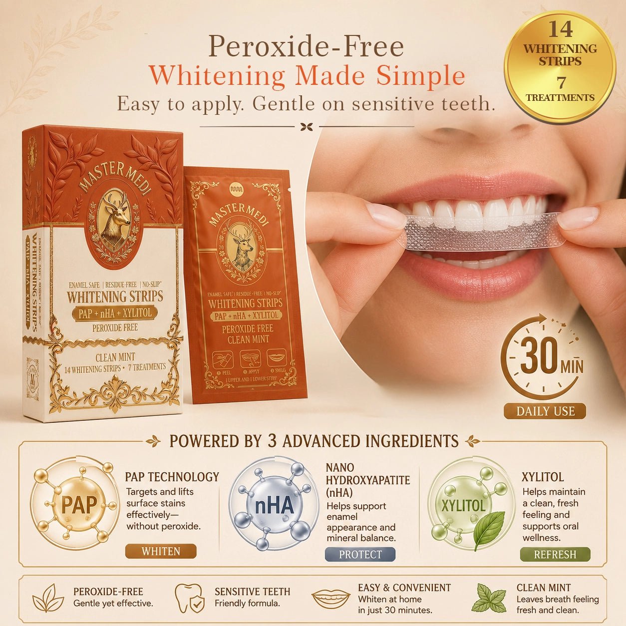Whitening Strips - PAP + nHA + Xylitol 14 Strips · 7 Treatments - MasterMedi