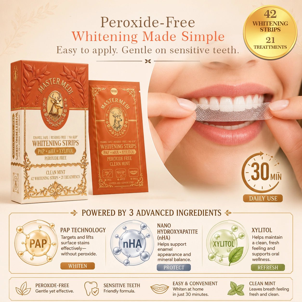 Whitening Strips - PAP + nHA + Xylitol 42 Strips · 21 Treatments - MasterMedi